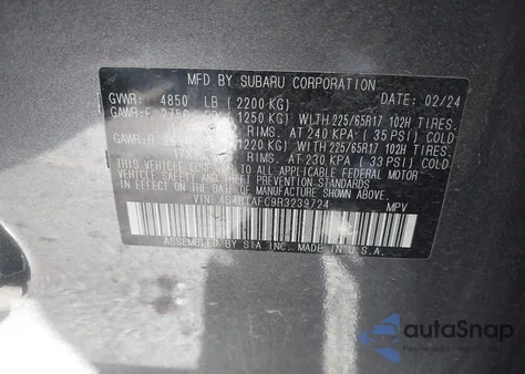 2024 Subaru Outback Premium z USA, uszkodzony, nr VIN 4S4BTAFC9R3239724